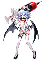 Rule 34 | 1girl, alternate costume, bandaid, bandaids on nipples, bat wings, black footwear, black wings, clothing cutout, covered navel, dress, fang, fkey, gloves, hat, heart cutout, highres, looking at viewer, nurse, nurse cap, oversized object, pasties, red eyes, remilia scarlet, shoes, short dress, short hair, simple background, skindentation, solo, standing, syringe, thighhighs, touhou, white background, white dress, white gloves, white thighhighs, wings
