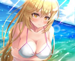 +_+ 1girl arms_under_breasts bare_shoulders bikini blonde_hair blue_sky blush breasts cleavage closed_mouth cloud collarbone commentary_request crossed_arms day hair_between_eyes highres large_breasts lens_flare light_rays long_hair looking_at_viewer midriff nose_(oekaki1825) o-ring o-ring_bikini ocean outdoors shokuhou_misaki sidelocks sky solo standing sunbeam sunlight swimsuit symbol-shaped_pupils toaru_kagaku_no_railgun toaru_majutsu_no_index upper_body white_bikini yellow_eyes