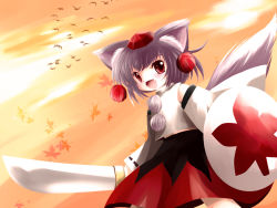 Rule 34 | 1girl, animal ears, female focus, hat, highres, inubashiri momiji, looking at viewer, open mouth, red eyes, shield, short hair, silver hair, smile, solo, sunset, sword, tail, tokin hat, touhou, weapon, wolf ears, wolf tail, yume shokunin