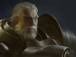 Rule 34 | 1boy, armor, bad id, bad pixiv id, beard, facial hair, full armor, gradient background, male focus, manly, no headwear, old, old man, overwatch, overwatch 1, pauldrons, photorealistic, plate armor, realistic, reinhardt (overwatch), scar, scar across eye, scar on face, shengxie, short hair, shoulder armor, shoulder pads, solo, upper body, white hair