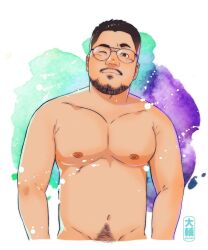 Rule 34 | 1boy, asian, bara, belly, completely nude, cropped torso, daisukebear, facial hair, glasses, goatee, groin, head tilt, highres, looking at viewer, male focus, mature male, mustache, navel, navel hair, nipples, nude, one eye closed, original, pectorals, photo-referenced, short hair, sideburns, solo, stomach, thick eyebrows