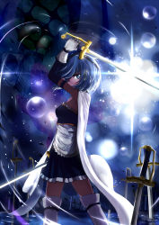 Rule 34 | 10s, 1girl, armband, blue eyes, blue hair, caibao return, cape, dual wielding, field of blades, fortissimo, gloves, hair ornament, highres, holding, magical girl, mahou shoujo madoka magica, mahou shoujo madoka magica (anime), mahou shoujo madoka magica movie 1 &amp; 2, matching hair/eyes, miki sayaka, multiple swords, musical note, musical note hair ornament, oktavia von seckendorff, planted, planted sword, planted weapon, ripples, short hair, solo, spoilers, sword, thighhighs, water, weapon, zettai ryouiki
