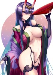 Rule 34 | 1girl, aged up, alternate breast size, alternate hair length, alternate hairstyle, bare shoulders, black gloves, blush, breasts, commentary request, cup, elbow gloves, eyeliner, fate/grand order, fate (series), fingerless gloves, gloves, hair between eyes, hip focus, horns, japanese clothes, kimono, large breasts, long hair, looking at viewer, makeup, navel, off shoulder, oni, open clothes, open kimono, parted lips, purple eyes, purple hair, purple kimono, revealing clothes, sakazuki, satou daiji, short eyebrows, shuten douji (fate), skin-covered horns, solo, thighs, very long hair, white background