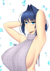 Rule 34 | 1girl, armpits, arms behind head, arms up, blue eyes, blue hair, breasts, eyelashes, highres, hololive, hololive english, huge breasts, light smile, looking at viewer, meme attire, ouro kronii, ryu seung, sideboob, sidelocks, signature, simple background, sleeveless, sleeveless turtleneck, smile, sweat, sweater, turtleneck, turtleneck sweater, upper body, virgin killer sweater, virtual youtuber, water drop, white background