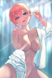 Rule 34 | 1girl, :d, aibon, areola slip, arm up, bare shoulders, blue eyes, breasts, breasts out, collarbone, convenient arm, convenient censoring, earrings, go-toubun no hanayome, head tilt, highres, holding, jewelry, light censor, light rays, lipstick, long sleeves, looking at viewer, makeup, medium breasts, nakano ichika, naked shirt, navel, nipples, no bra, no panties, off shoulder, open mouth, pink hair, pregnancy test, shirt, short hair, smile, solo, sparkle, spread legs, stud earrings, yandere