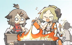 Rule 34 | 1boy, 2girls, arknights, bag, black bag, black hair, blonde hair, blowtorch, blue sky, box, brown hair, charcoal, chest sarashi, choker, closed eyes, commentary, cooking, cowboy shot, cutter (arknights), demon girl, demon horns, fire, food, gloves, grill, grilling, hair ornament, hairclip, highres, holding, holding box, holding skewer, horns, ifrit (arknights), ifrit (sunburn) (arknights), jacket, kebab, konno akikaze, material growth, multiple girls, musical note, o o, official alternate costume, open mouth, orange choker, oripathy lesion (arknights), outdoors, pants, red shirt, sarashi, shirt, short hair, short ponytail, skewer, sky, sleeveless, sleeveless shirt, solid circle eyes, spoken musical note, thorns (arknights), upper body, white gloves, white jacket, white pants