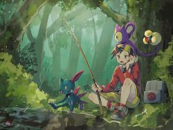 Rule 34 | 1boy, aipom, artist name, bag, baseball cap, black hair, blush, brown eyes, bush, commentary request, creatures (company), ethan (pokemon), fishing, fishing rod, game freak, gen 2 pokemon, grass, hand up, hanenbo, hat, highres, holding, holding fishing rod, long sleeves, lure ball, nintendo, on head, open mouth, outdoors, poke ball, pokemon, pokemon (creature), pokemon gsc, pokemon on head, pond, shorts, sitting, sneasel, teeth, tongue, tree, water, yellow shorts