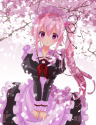 Rule 34 | 1girl, apron, backlighting, black dress, blush, cherry blossoms, chestnut mouth, collarbone, commentary request, dress, flower, frilled dress, frills, hair between eyes, hair flower, hair ornament, hair ribbon, harusame (kancolle), kantai collection, long hair, long sleeves, looking at viewer, maid, maid headdress, nanase aoi, neckerchief, open mouth, petals, pink hair, puffy sleeves, purple eyes, red neckerchief, ribbon, sailor collar, side ponytail, sidelocks, solo, waist apron