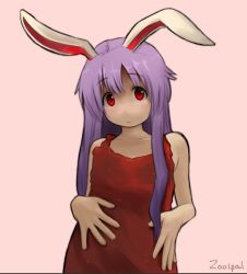 Rule 34 | 1girl, alternate costume, animal ears, artist name, collarbone, dress, expressionless, flat chest, long hair, looking at viewer, pink background, rabbit ears, red dress, red eyes, reisen udongein inaba, sidelocks, simple background, solo, touhou, zoolpal