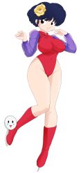 Rule 34 | 1girl, absurdres, blue hair, boots, breasts, brown eyes, caisamax, flower, full body, hair flower, hair ornament, highres, ice skates, large breasts, leotard, looking at viewer, ranma 1/2, red leotard, short hair, simple background, skates, smile, solo, tendou akane, thighs, white background