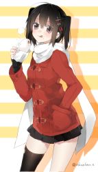 Rule 34 | 10s, 1girl, baozi, brown eyes, brown hair, coat, food, gloves, hair ornament, hand in pocket, kantai collection, looking at viewer, pleated skirt, red coat, scarf, sendai (kancolle), sendai kai ni (kancolle), short hair, single thighhigh, sino (sionori), skirt, smile, solo, steam, striped, striped background, thighhighs, tongue, tongue out, twitter username, two side up, white scarf