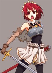 Rule 34 | 00s, 1girl, armor, breasts, cecily cambell, female focus, leotard, open mouth, pitoo, red eyes, red hair, seiken no blacksmith, short hair, simple background, solo, sword, thighhighs, weapon