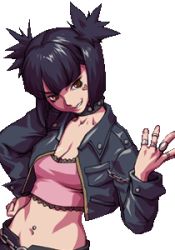 Rule 34 | artist request, black hair, breasts, chain, choker, cleavage, gaia online, jacket, jewelry, lowres, moira (gaia online), navel, ring, tattoo