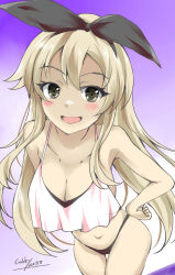 Rule 34 | 1girl, alternate breast size, bikini, black hairband, blonde hair, breasts, cleavage, collarbone, foreshortening, gakky, grey eyes, hairband, highres, kantai collection, long hair, looking at viewer, medium breasts, mismatched bikini, one-hour drawing challenge, open mouth, shimakaze (kancolle), solo, swimsuit