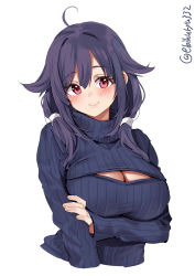 Rule 34 | 1girl, ahoge, black sweater, blush, breasts, cleavage, cleavage cutout, closed mouth, clothing cutout, cropped torso, ebifurya, hair between eyes, hair flaps, highres, kantai collection, large breasts, lips, long hair, long sleeves, looking at viewer, purple hair, red eyes, ribbed sweater, simple background, smile, solo, sweater, taigei (kancolle), twitter username, upper body, white background