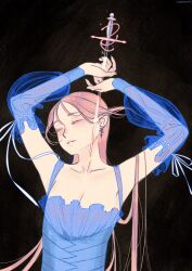 Rule 34 | 1girl, arms up, black background, bleeding, blood, bloody weapon, blue theme, brown background, closed eyes, closed mouth, detached sleeves, dress, earrings, facing to the side, floating hair, hashtag only commentary, highres, impaled, injury, jewelry, light smile, long hair, original, pink hair, pointy ears, rapier, renemesia, ribbon-trimmed sleeves, ribbon trim, see-through, see-through sleeves, signature, smile, solo, sword, transparent sword, upper body, very long hair, weapon