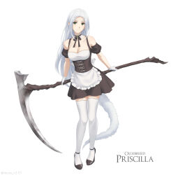 Rule 34 | 1girl, alternate costume, apron, arms behind back, bare shoulders, black dress, black footwear, black ribbon, breasts, choker, cleavage, closed mouth, dark souls (series), dark souls i, detached sleeves, dress, enmaided, garter straps, gloves, grey hair, highres, holding, holding scythe, large breasts, leaning forward, long hair, maid, miura-n315, neck ribbon, parted hair, priscilla the crossbreed, puffy short sleeves, puffy sleeves, ribbon, ribbon choker, scythe, short sleeves, skindentation, smile, solo, thighhighs, waist apron, white background, white gloves, white thighhighs