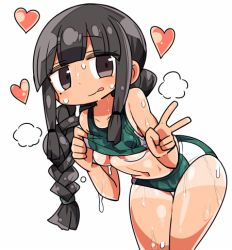 Rule 34 | 1girl, black hair, blunt bangs, breasts, brown eyes, heart, heavy breathing, kanikama, kantai collection, kitakami (kancolle), long hair, looking at viewer, lowres, midriff, navel, simple background, solo, sportswear, standing, sweat, tan, tanline, underboob, v, white background
