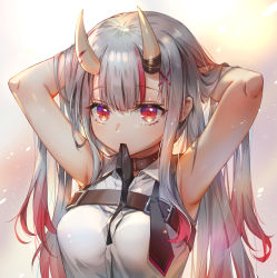 Rule 34 | 1girl, armpits, arms behind head, breasts, brown choker, choker, collared shirt, commentary request, gradient hair, hololive, horns, long hair, looking at viewer, medium breasts, multicolored hair, nakiri ayame, nakiri ayame (streetwear), necktie on mouth, oni, red eyes, red hair, shirt, shuang xiyu, silver hair, skin-covered horns, solo, streaked hair, upper body, virtual youtuber, white shirt
