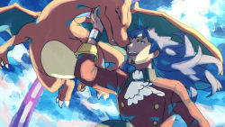 Rule 34 | 1boy, ascot, buttons, charizard, commentary request, creatures (company), dark-skinned male, dark skin, dynamax band, facial hair, flame-tipped tail, floating hair, from below, game freak, gen 1 pokemon, leon (pokemon), long hair, male focus, nintendo, open mouth, pokemon, pokemon (creature), pokemon swsh, purple hair, sleeves rolled up, smile, suruga dbh, tailcoat, teeth, white ascot, yellow eyes