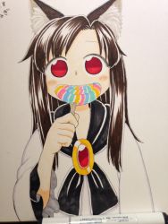 Rule 34 | 1girl, aged down, animal ear fluff, animal ears, art tools in frame, black scarf, blush, blush stickers, brown hair, candy, eating, food, gem, highres, holding, imaizumi kagerou, lollipop, long hair, long sleeves, looking at viewer, marker (medium), photo (medium), poronegi, red eyes, scarf, smile, solo, touhou, traditional media, wide sleeves, wolf ears