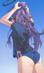 Rule 34 | 1girl, adjusting hair, ass, black shirt, blue archive, blue background, blue buruma, blue eyes, buruma, from behind, gradient background, gym uniform, halo, highres, holding, holding own hair, hoshiko (419401x), looking at viewer, official alternate costume, purple hair, shirt, solo, thighs, yuuka (blue archive), yuuka (track) (blue archive)