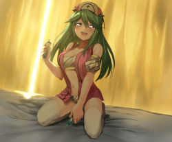 Rule 34 | 1girl, blush, breasts, cleavage, collarbone, cross, curtains, detached sleeves, erubo, green hair, hat, long hair, navel, open mouth, original, puffy sleeves, purple eyes, solo, syringe, test tube, thighhighs, white thighhighs