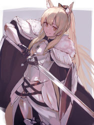 Rule 34 | 1girl, aito, animal ear fluff, animal ears, arknights, armor, black gloves, blemishine (arknights), blonde hair, cape, closed mouth, commentary, cowboy shot, extra ears, fur-trimmed cape, fur trim, gloves, highres, holding, holding sword, holding weapon, horse ears, horse girl, kingdom of kazimierz logo, long hair, looking at viewer, orange eyes, smile, solo, sword, weapon, white cape