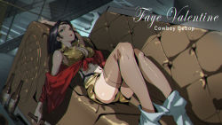 Rule 34 | 1girl, arm up, beer bottle, black hair, boyu yang, breasts, brown thighhighs, character name, clip studio paint (medium), clothes around waist, copyright name, couch, cowboy bebop, english text, faye valentine, green eyes, hairband, highres, knees up, large breasts, looking away, lying, medium hair, midriff, navel, on back, parted lips, photoshop (medium), railing, red lips, red sweater, shirt, shorts, solo, stairs, sweater, sweater around waist, thighhighs, yellow hairband, yellow shirt, yellow shorts