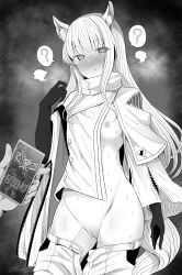 Rule 34 | 1girl, ?, absurdres, arknights, blush, breasts, buttons, clothes pull, elbow gloves, gloves, godharo1, grey background, greyscale, highres, hypnosis, jacket, mind control, monochrome, nipples, no bra, no panties, nude, one breast out, open fly, platinum (arknights), pussy, pussy juice, shorts, shorts pull, simple background, small breasts, solo focus, spoken question mark, uncensored