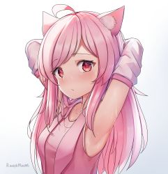 Rule 34 | 1girl, absurdres, ahoge, animal ears, armpits, arms behind head, arms up, blush, cat ears, cat girl, closed mouth, cowlick, curious, detached sleeves, frown, highres, hot, long hair, looking at viewer, original, pink hair, presenting armpit, raviolimavioli, red eyes, signature, simple background, solo, sweat, virtual youtuber, white background