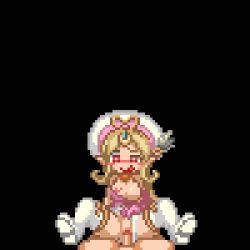 Rule 34 | 1girl, animated, animated gif, blonde hair, blush, bottomless, breasts, cupid (mon-musu quest!), hat, lowres, mon-musu quest!, monster girl, naughty face, nipples, penis, pixel art, pov, sex, vaginal, zell (999)