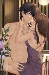 Rule 34 | 1boy, 1girl, :d, abs, breasts, brown hair, closed mouth, collared shirt, dog tags, earrings, flower, green eyes, highres, indoors, jewelry, kiyasuriin, marius von hagen (tears of themis), medium breasts, muscular, muscular male, navel, nightgown, open mouth, pajamas, purple eyes, purple flower, purple hair, purple rose, rosa (tears of themis), rose, shaving, shaving another, shirt, smile, stomach, tears of themis, topless male, water