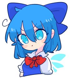 Rule 34 | 1girl, :t, blue dress, blue eyes, blue hair, breasts, cirno, collared shirt, dress, flat chest, highres, ice, ice wings, op na yarou, pinafore dress, puffy short sleeves, puffy sleeves, shirt, short hair, short sleeves, simple background, sleeveless dress, small breasts, solo, touhou, v-shaped eyebrows, white background, white shirt, wings