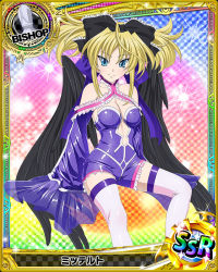 Rule 34 | 10s, 1girl, artist request, bishop (chess), black wings, blonde hair, blue eyes, bow, breasts, card (medium), character name, chess piece, covered erect nipples, fang, fang out, hair bow, high school dxd, mittelt, official art, solo, thighhighs, trading card, twintails, wings