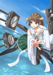Rule 34 | 10s, 1girl, bare shoulders, blue eyes, blue sky, boots, brown hair, cannon, cloud, day, detached sleeves, hairband, headgear, hiei (kancolle), highres, japanese clothes, kantai collection, nontraditional miko, ocean, open mouth, otsumamin, pantyhose, personification, plaid, short hair, skirt, sky, smile, thigh boots, thighhighs, turret, water