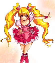 Rule 34 | 00s, 1girl, blonde hair, boots, bow, choker, crossed legs, cure peach, dress, earrings, fresh precure!, frills, hair ornament, hairpin, hand on own hip, heart, heart hair ornament, hip focus, jewelry, knee boots, crossed legs, long hair, magical girl, momozono love, pink bow, pink eyes, pink footwear, precure, ribbon, smile, solo, standing, takkee, twintails, watson cross, wrist cuffs