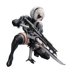Rule 34 | 1girl, 2b (nier:automata), absurdres, ass, black blindfold, blindfold, boots, breasts, cleavage, cleavage cutout, clothing cutout, collaboration, covered eyes, crossover, curvy, feather-trimmed sleeves, gloves, goddess of victory: nikke, highleg, highleg leotard, highres, holding, holding weapon, large breasts, leotard, leotard under clothes, long sleeves, nier:automata, nier (series), official art, shiny skin, short hair, solo, squatting, thick thighs, thighhighs, thighhighs under boots, thighs, weapon, white hair, white leotard, wide hips