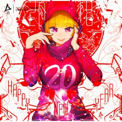 Rule 34 | 1girl, 2018, aurahack, blonde hair, breasts, happy new year, hood, large breasts, new year, original, parted lips, purple scarf, red eyes, scarf, short hair, signature, smile, solo, sweater, upper body, watermark, web address