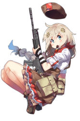 Rule 34 | 1girl, absurdres, ahoge, ammunition pouch, ankle boots, assault rifle, beret, blonde hair, blue eyes, blush, boots, braid, braided ponytail, breasts, brown footwear, brown hair, brown skirt, chocolate, closed mouth, eating, fn fnc, fnc (girls&#039; frontline), food in mouth, girls&#039; frontline, gun, hair between eyes, hair ornament, hair ribbon, hat, unworn hat, unworn headwear, highres, holding, holding gun, holding weapon, long hair, looking at viewer, pouch, red scarf, ribbon, rifle, scarf, shoes, sidelocks, simple background, single braid, skirt, sleeves rolled up, smile, solo, thighs, trigger discipline, twin (tt lsh), very long hair, weapon, white background