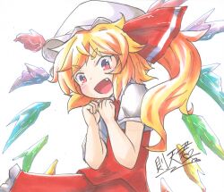 Rule 34 | 1girl, blonde hair, crystal, fang, flandre scarlet, frills, hat, hat ribbon, highres, marker (medium), mob cap, one-hour drawing challenge, red eyes, red ribbon, ribbon, side ponytail, simple background, sokutenkun, solo, touhou, traditional media, upper body, white background, white hat