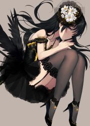 Rule 34 | 1girl, achiki, anklet, black dress, black footwear, black hair, black nails, black thighhighs, commentary request, dress, fetal position, floating hair, flower, full body, garter straps, grey background, grey eyes, hair between eyes, hair flower, hair ornament, high heels, jewelry, long hair, looking at viewer, nail polish, necklace, original, pumps, shoes, short dress, simple background, sleeveless, sleeveless dress, solo, thighhighs, white flower, wings