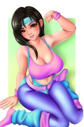 Rule 34 | 1girl, black hair, blush, breasts, cleavage, commentary, english commentary, final fantasy, final fantasy vii, flexing, headband, highres, jackary, large breasts, leg warmers, leggings, leotard, long hair, looking at viewer, nose, pants, pantyhose, pink lips, pink sports bra, purple pantyhose, red eyes, sitting, solo, spaghetti strap, spandex, sports bra, tifa lockhart, wariza, workout clothes, wristband, yoga pants