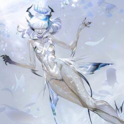 Rule 34 | 1girl, ankle fins, blue eyes, blue skin, blue tail, blue tongue, breasts, bubble, caustics, choker, colored skin, colored tongue, cropped legs, crown, fangs, fins, fish, fish tail, grin, head fins, highres, horns, jewelry, long eyelashes, medium breasts, monster girl, nanase miri, original, ring, scales, see-through, shiny skin, silhouette, smile, solo, tail, tropical fish, underwater, webbed hands, white hair, white skin
