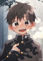 Rule 34 | 1boy, black jacket, blush, brown eyes, brown hair, commentary, highres, jacket, long sleeves, looking at viewer, male focus, open mouth, original, outdoors, pointing, pointing at self, school uniform, short hair, signature, smile, solo, symbol-only commentary, teeth, translation request, upper body, upper teeth only, wool bl
