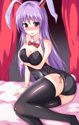 Rule 34 | 1girl, animal ears, bare arms, bare shoulders, black thighhighs, blush, breast lift, breasts, cleavage, collar, collarbone, detached collar, embarrassed, highres, large breasts, leotard, long hair, looking at viewer, naba (take tonbo), open mouth, playboy bunny, purple hair, rabbit ears, rabbit girl, rabbit tail, red eyes, reisen udongein inaba, sitting, solo, tail, thighhighs, touhou, very long hair, wrist cuffs