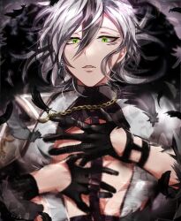 Rule 34 | 1boy, black hair, chain, chest strap, earrings, feathers, gloves, gold chain, green eyes, grey hair, hair between eyes, highres, jewelry, looking at viewer, male focus, mole, mole under mouth, multicolored hair, nu carnival, parted lips, rei (nu carnival), teeth, yadome810