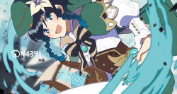 Rule 34 | 1boy, androgynous, beret, black hair, blue hair, blurry, blurry background, bow, braid, brooch, cape, collared cape, collared shirt, corset, flower, frilled sleeves, frills, gem, genshin impact, gradient hair, green eyes, green hat, green shorts, hair flower, hair ornament, hat, holding, holding instrument, instrument, jewelry, long sleeves, looking at viewer, lyre, male focus, multicolored hair, n4391, open mouth, pantyhose, shirt, short hair with long locks, shorts, smile, solo, twin braids, venti (genshin impact), vision (genshin impact), white flower, white pantyhose, white shirt