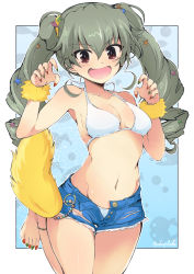 Rule 34 | 1girl, absurdres, alternate hairstyle, anchovy (girls und panzer), bad id, bad twitter id, barefoot, bikini, black border, blue shorts, border, breasts, claw pose, commentary, cowboy shot, cutoffs, denim, denim shorts, double bun, drill hair, fang, getsumen suibaku ver. a(c), girls und panzer, girls und panzer senshadou daisakusen!, green hair, green nails, groin, hair bun, hair ornament, heart, heart hair ornament, highres, leg up, long hair, looking at viewer, medium breasts, multicolored nails, nail polish, navel, open fly, open mouth, outside border, red eyes, red nails, scrunchie, short shorts, shorts, skin fang, smile, solo, sparkle, standing, standing on one leg, star (symbol), star hair ornament, swimsuit, toenail polish, toenails, twin drills, twintails, twitter username, white bikini, wrist scrunchie, yellow scrunchie