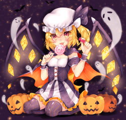 Rule 34 | 1girl, alternate costume, bat (animal), black background, black ribbon, blonde hair, breasts, candy, cape, corset, dress, flandre scarlet, food, frilled dress, frills, full body, ghost, halloween, halloween costume, hat, hat ribbon, highres, holding, jack-o&#039;-lantern, licking, lollipop, looking at viewer, miya sakaori, mob cap, over-kneehighs, pumpkin, red eyes, ribbon, seiza, sitting, small breasts, smile, solo, striped clothes, striped thighhighs, thighhighs, touhou, white hat, wings, wrist cuffs